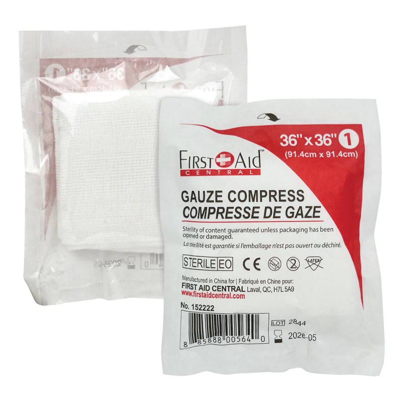 First Aid Central sterile gauze compress 36 x 36 inch in printed bilingual pouch